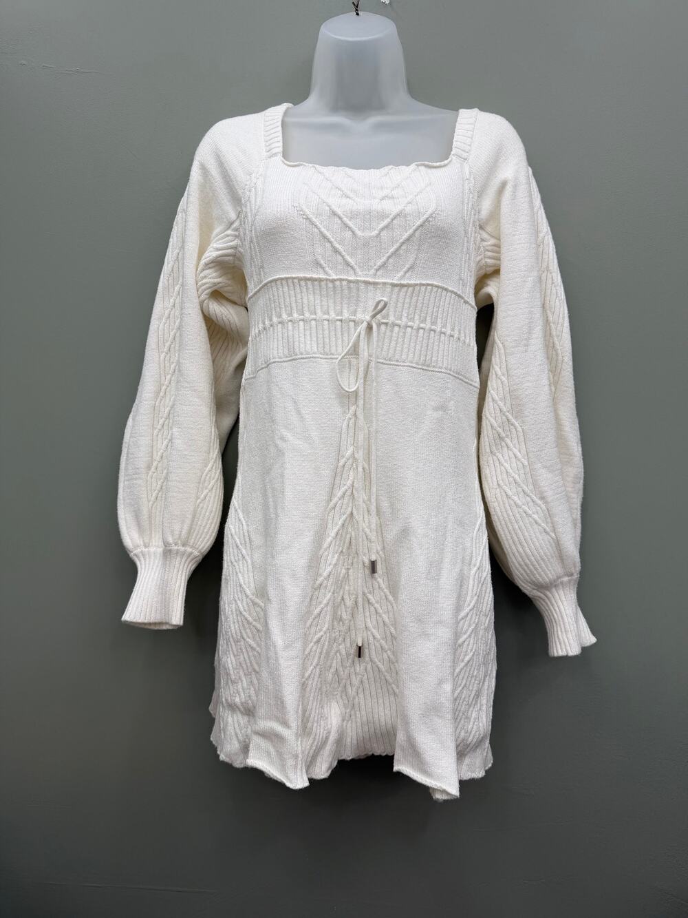 Free People Emmaline Sweater Dress M Ivory Cable Knit Open Back Boho Mini